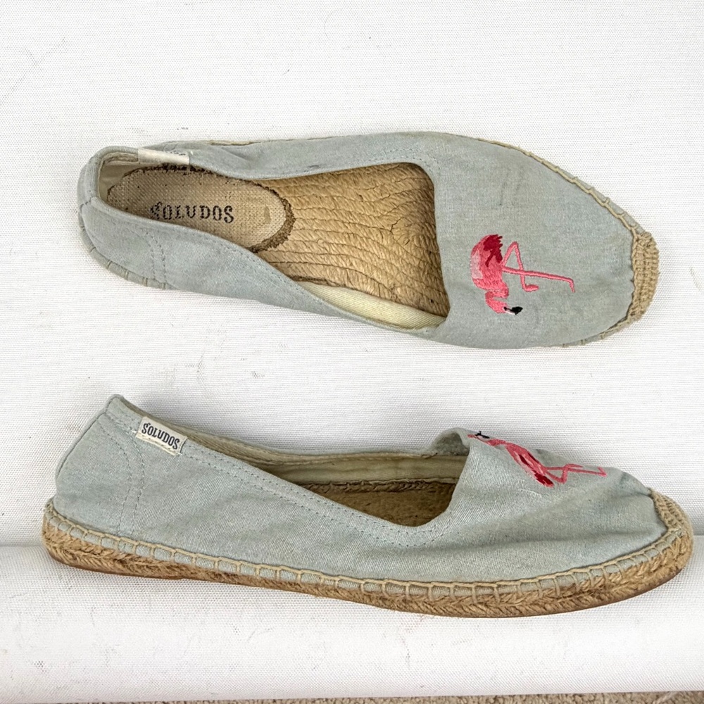 Soludos Flamingo Canvas Espadrilles Gray Slip On Flats 8.5